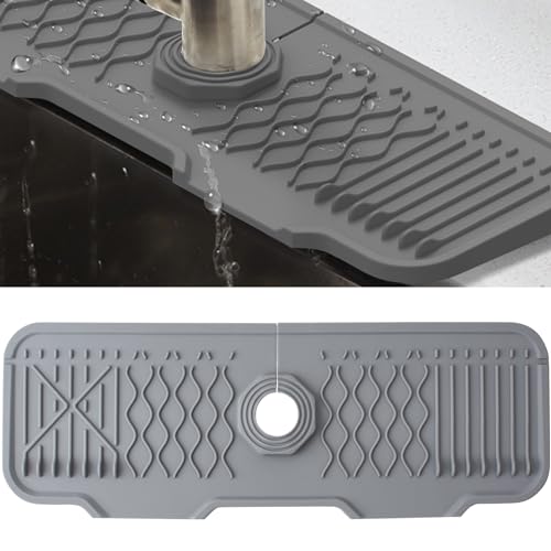 Veki Silikon Wasserhahn Matte für Abfluss Wasser, Wasserhahn Spüle Spritzschutz, Abtropfmatte Absorbierende, Wasserfänger Matte für Küche und Badezimmer Arbeitsplatte Schützen (Grau, 43 cm) von Veki