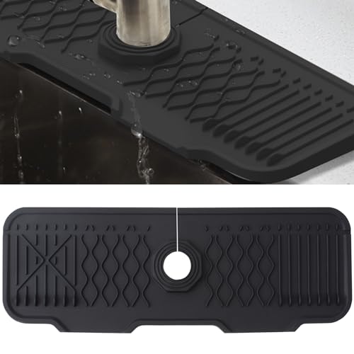 Veki Silikon Wasserhahn Matte für Abfluss Wasser, Wasserhahn Spüle Spritzschutz, Abtropfmatte Absorbierende, Wasserfänger Matte für Küche und Badezimmer Arbeitsplatte Schützen (Schwarz, 43 cm) von Veki
