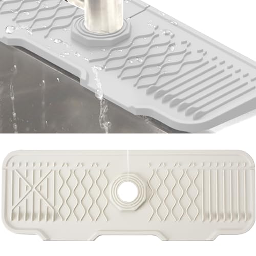 Veki Silikon Wasserhahn Matte für Abfluss Wasser, Wasserhahn Spüle Spritzschutz, Abtropfmatte Absorbierende, Wasserfänger Matte für Küche und Badezimmer Arbeitsplatte Schützen (Weiß, 43 cm) von Veki
