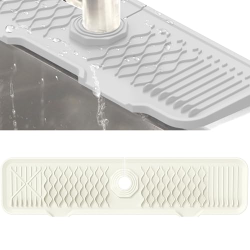 Veki Silikon Wasserhahn Matte für Abfluss Wasser, Wasserhahn Spüle Spritzschutz, Abtropfmatte Absorbierende, Wasserfänger Matte für Küche und Badezimmer Arbeitsplatte Schützen (Weiß, 61 cm) von Veki