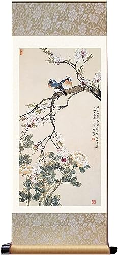 Silk wall hanging,chinesescroll painting,Wall Art Prints,Chinese Silk Scroll Painting Wall Decor,Watercolour Flowers Birds Scroll Painting Wall Home Décor,A(Color:Gold,Siz ( Color : Grijs , Size : 30* von VekkEr