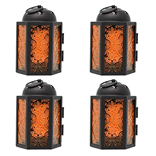 Dekorative Kerzenlaterne für Halloween, Hochzeiten, Terrasse und Heimdekoration, kleine marokkanische Mini-Laterne, bernsteinfarbenes Glas, 4er-Set von Vela Lanterns