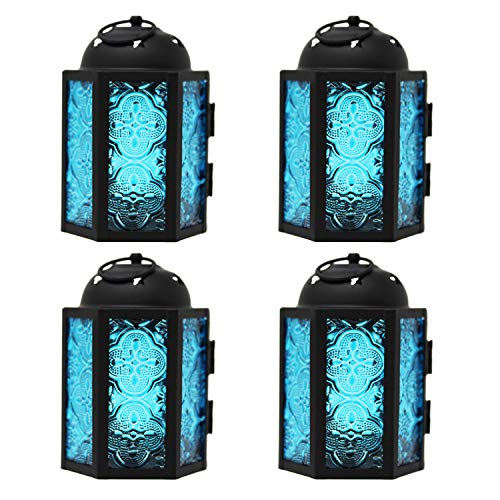 Dekorative Kerzenlaterne für Hochzeiten, Terrasse und Heimdekoration, kleine marokkanische Mini-Laterne, blaues Glas, 4er-Set von Vela Lanterns