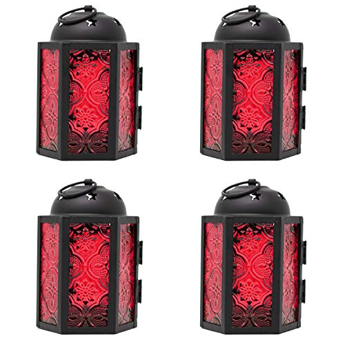 Dekorative Kerzenlaterne für Hochzeiten, Terrasse und Heimdekoration, kleine marokkanische Mini-Laterne, rotes Glas, 4er-Set von Vela Lanterns