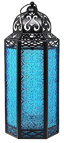 Dekorative marokkanische Bodenlaterne aus schwarzem Metall mit Kerzenhalter – Innen-/Außenbereich, Heimdekoration, Terrasse, Hochzeiten, Weihnachten, extra groß, blau von Vela Lanterns