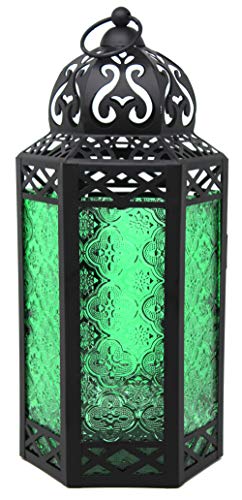 Dekorative marokkanische Laterne aus schwarzem Metall mit Kerzenhalter – Innen-/Außenbereich, Heimdekoration, Terrasse, Hochzeiten, Halloween, Weihnachten, groß, grün von Vela Lanterns