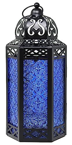 Dekorative marokkanische Laterne aus schwarzem Metall mit Kerzenhalter – Innen-/Außenbereich, Heimdekoration, Terrasse, Hochzeiten, Weihnachten, groß, Kobalt von Vela Lanterns