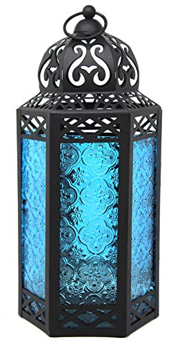 Dekorative marokkanische Laterne aus schwarzem Metall mit Kerzenhalter – Innen-/Außenbereich, Heimdekoration, Terrasse, Hochzeiten, Weihnachten, groß, blau von Vela Lanterns