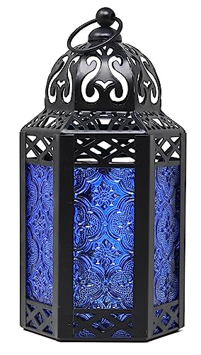 Dekorative marokkanische Laterne aus schwarzem Metall mit Kerzenhalter – Innen-/Außenbereich, Heimdekoration, Terrasse, Hochzeiten, Weihnachten, klein, Kobalt von Vela Lanterns