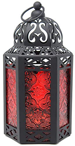 Dekorative marokkanische Laterne aus schwarzem Metall mit Kerzenhalter – Innen-/Außenbereich, Heimdekoration, Terrasse, Hochzeiten, Weihnachten, klein, rot von Vela Lanterns