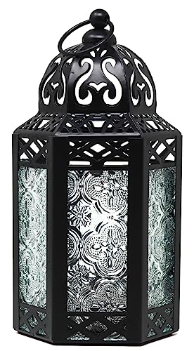 Dekorative marokkanische Laterne aus schwarzem Metall mit Kerzenhalter – Innen-/Außenbereich, Heimdekoration, Terrasse, Hochzeiten, Weihnachten, klein, transparent von Vela Lanterns