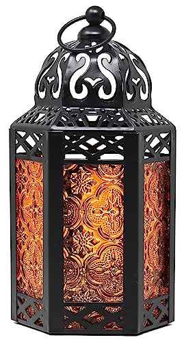 Dekorative marokkanische Laterne aus schwarzem Metall mit Kerzenhalter für Halloween – Innen-/Außenbereich, Heimdekoration, Terrasse, Hochzeiten, Weihnachten, klein, bernsteinfarben von Vela Lanterns