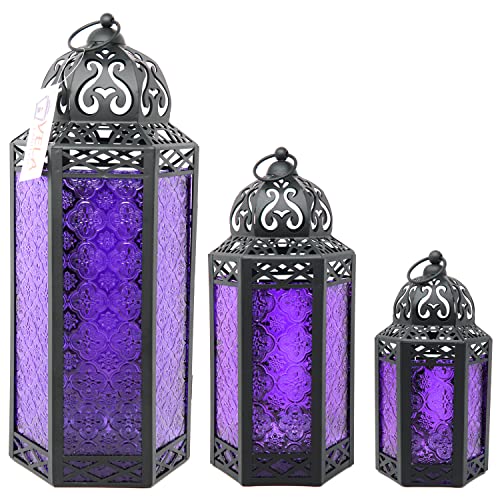 Dekorativer marokkanischer Metall-Kerzenlaternenhalter im 3er-Set für Ramadan, Inneneinrichtung, Außenterrasse, Violett von Vela Lanterns