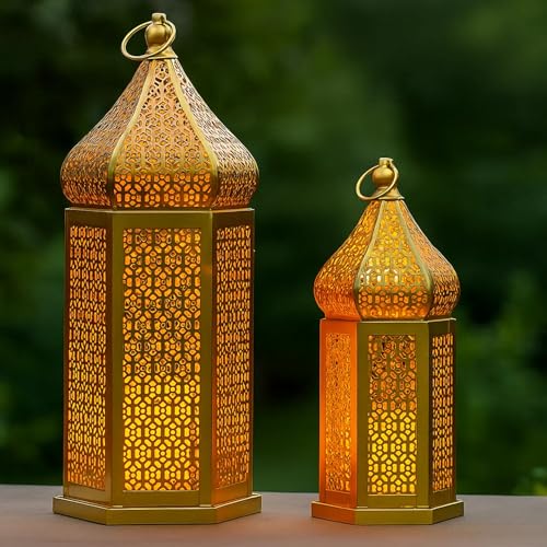 Große goldene Turmtempel-Laternenlampe, dekorative Kerzenhalter für Ramadan, zum Aufhängen, Terrasse oder Veranda im Freien, Gold, 2er-Set von Vela Lanterns
