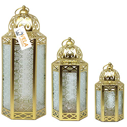Moroccan Style Gold Candle Lanterns, Clear Glass, Set of 3 von Vela Lanterns