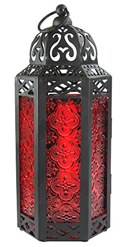 Vela Lanterns Marokkanische Lampenlaterne, dekorativer Kerzenhalter für Innen- und Außenbereich, Heimdekoration, Terrasse, Hochzeiten, rotes Glas, mittelgroß von Vela Lanterns
