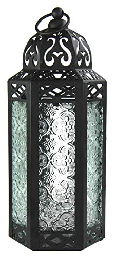 Vela Lanterns Marokkanische Lampenlaterne, dekorativer Kerzenhalter für Innen- und Außenbereich, Heimdekoration, Terrasse, Hochzeiten, schwarzes Metall, klares Glas, mittelgroß von Vela Lanterns