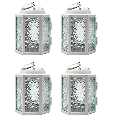 Vela Lanterns Mini Moroccan Decorative Candle Lanterns, Set of 4, White, Clear Glass von Vela Lanterns