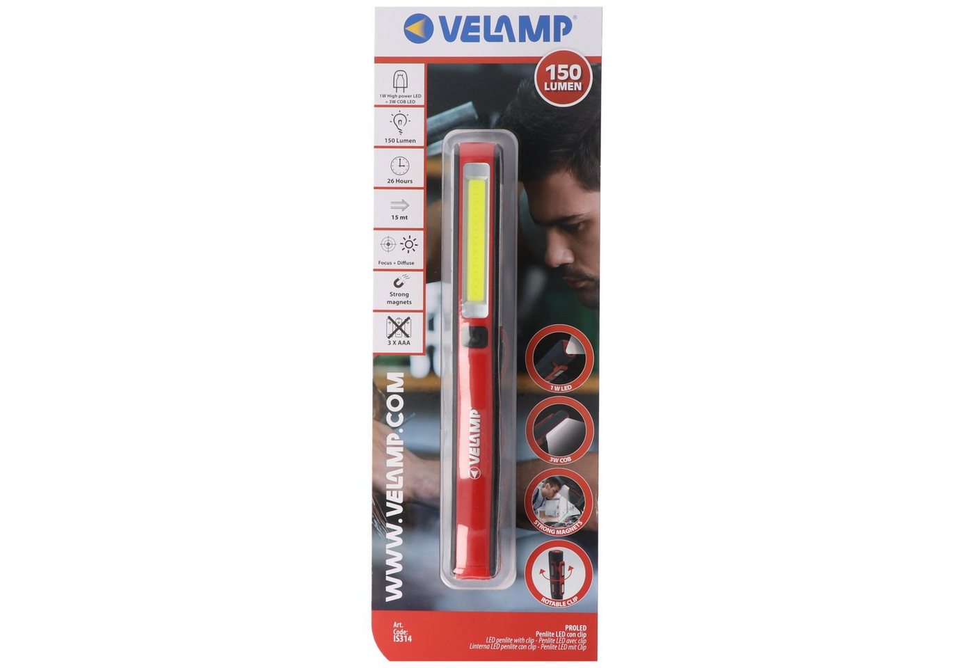 Velamp Arbeitsleuchte LED-Taschenlampe 1 Watt, COB 3 Watt, batteriebetriebene 2in1 Arbeitsl von Velamp