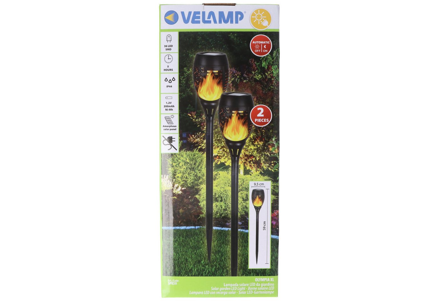 Velamp LED Gartenleuchte Velamp OLYMPIA XL, 2er-Set Solar-Gartenpfähle 59cm mit Flammen-Effekt von Velamp