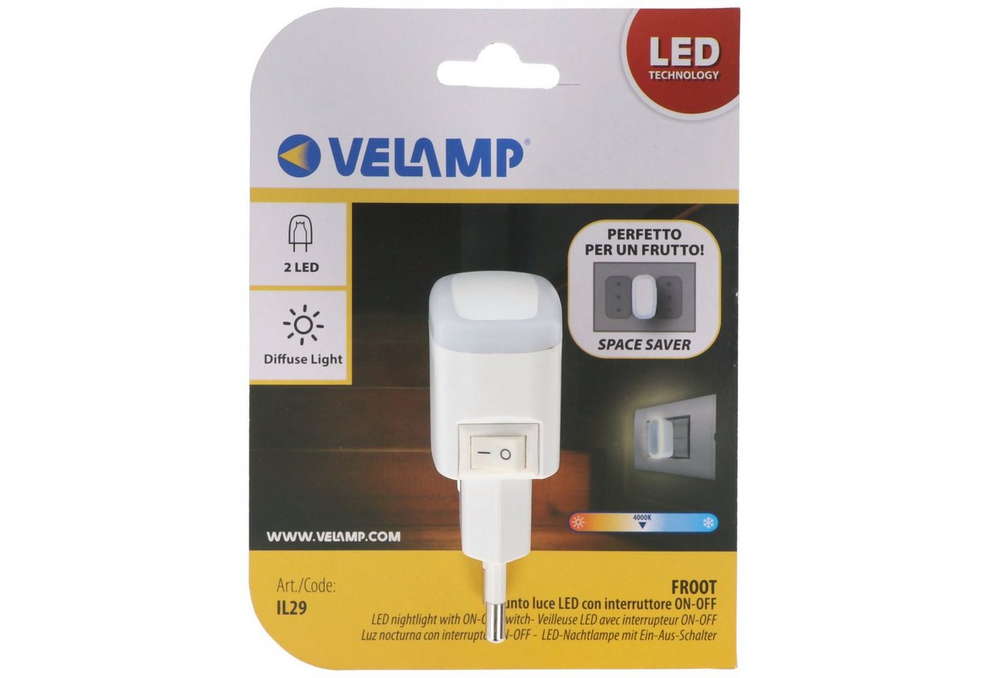 Velamp LED Nachtlicht Velamp FROOT, LED-Nachtlicht mit EIN/AUS-Schalter, extra kompakt, ver von Velamp