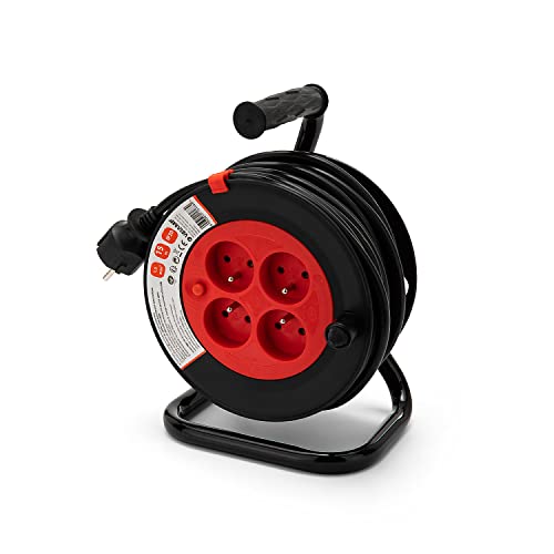 Velamp REEL-FR-15 Verlängerungskabel, 15 m, mit Kabeltrommel, 4 Steckdosen, 16 A, Abschnitt 3G1,5 mm2, Schwarz und Rot von Velamp
