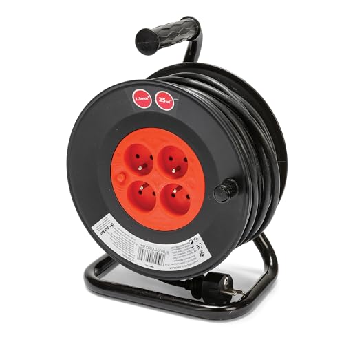 Velamp REEL-FR-25 Verlängerungskabel, elektrisch, 25 m, mit Kabelaufwicklung, 4 Steckdosen, 16 A, Querschnitt 3G1,5 mm2, Schwarz/Rot von Velamp