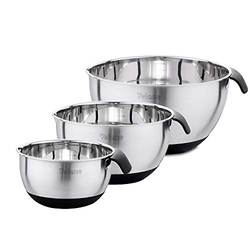 Velaze Salatschüssel 3 Stück, 5L / 3L / 1.5L Edelstahl Schüssel Set, Stapelbar Rührschüssel Set mit Rutschfestem Silikonboden, Ideal zum Mischen und Servieren, Rutschfester Silikonboden von Velaze