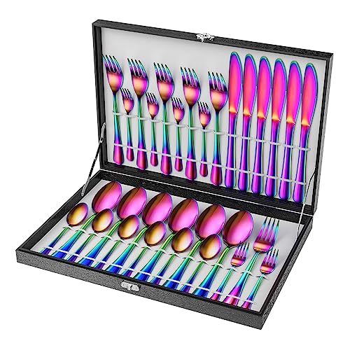 Velaze Besteck Set Regenbogen, 30-teiliges Besteckset aus Edelstahl 18/10, Buntes Besteck für 6 Personen mit Geschenkbox, Bestecksets mit Messer Löffel Gabel, Spiegelpoliert, Spülmaschinenfest von Velaze