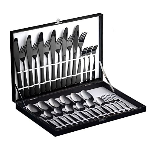 Velaze Besteck Set Schwarz, 18/10 Premium Edelstahl Besteckset 30-teilig, Besteck für 6 Personen mit Geschenkbox, Bestecksets mit Messer, Löffel und Gabel, Spiegelpoliert, Spülmaschinenfest von Velaze