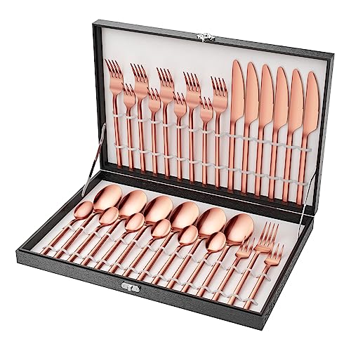 Velaze Besteck Set Rosegold, 30-teiliges Besteckset aus Edelstahl 18/10, Besteck für 6 Personen mit Geschenkbox, Bestecksets mit Messer, Löffel und Gabel, Spiegelpoliert, Spülmaschinenfest von Velaze