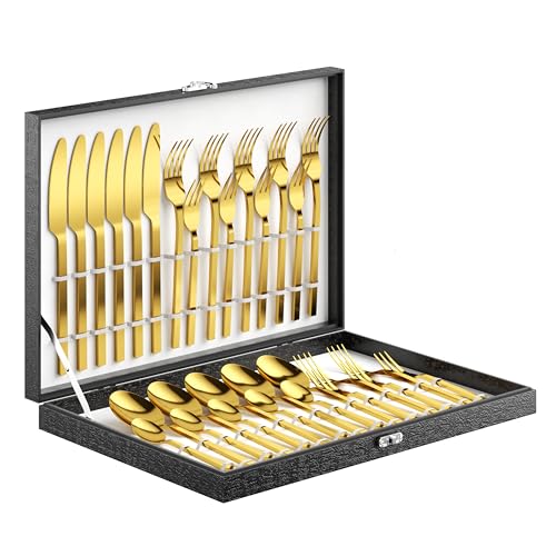 Velaze Besteck Set 12 Personen, Besteck Gold mit Geschenkbox, 2 X 30-teiliges Besteckset 18/10 Edelstahl, Bestecksets mit Messer, Löffel und Gabel, Spiegelpoliert und Spülmaschinenfest von Velaze