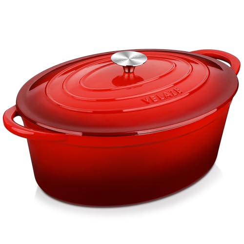 Velaze 7,5 QT emaillierter ovaler Dutch Oven Topf mit Deckel, Gusseisen-Dutch Oven mit zwei Griffen zum Brotbacken, Kochen, Braten, antihaftbeschichtetes Kochgeschirr (rot) von Velaze