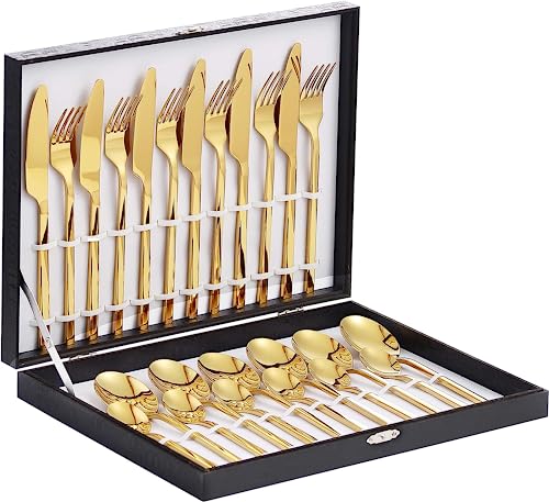 Velaze Besteck Gold, Besteck Set 6 Personen, Besteck 24-teilig aus Hochwertigem Edelstahl Spiegelpoliertes Design, Spülmaschinenfest, Besteck mit Geschenkbox für Geburtstag, Party, Weihnachten von Velaze