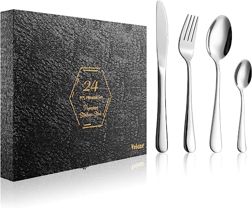 Velaze Besteck Set 6 Personen aus Premium-Edelstahl, Besteckset mit Schöner Geschenkbox, Spiegelpoliertes Design, Spülmaschinenfest, 24 Stück Besteck mit Gabel Löffel Messer für Haus Restaurant von Velaze