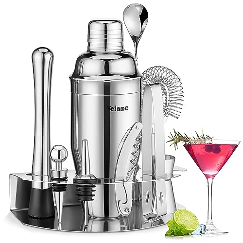 Velaze Cocktail Shaker Set 10-teilig, Edelstahl Cocktail Set zum Mischen von alkoholischen Getränken, Barkeeper Set mit Edelstahl Ständer, Coktailmixset mit Bar Zubehör für Zuhause Bar von Velaze