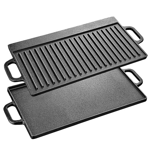 Velaze Gussplatte mit Griffen, Gusseisen Grillplatte Doppelseitig Verwendbar, Hochwertige Gusseisenplatte für Gasgrill und Elektrogrill, Grillpfanne für BBQ, Camping, Garten - 42 x 23cm von Velaze