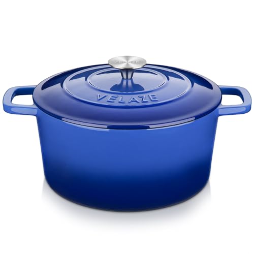 Velaze Schmortopf aus emailliertem Gusseisen, 6 l, Doppelgriffe, Dutch Oven Topf mit Deckel, robuster, antihaftbeschichteter runder Dutch Oven zum Brotbacken, Schmoren, Braten, gute Abdichtung für von Velaze