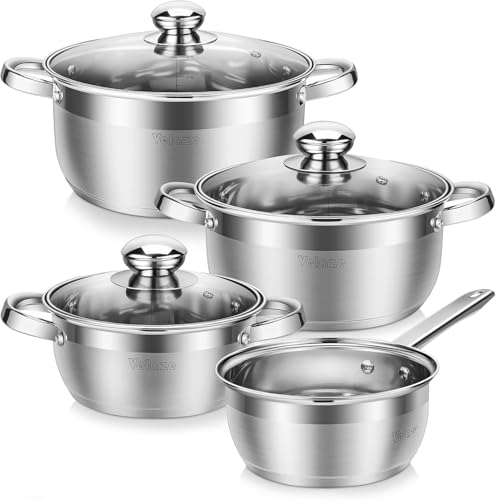 Velaze Töpfe Set, 7-teilig Kochtopf Set aus Edelstahl, Topf Induktion mit Glasdeckeln, PFOA frei, Klassisches Design, Töpfe mit 3 Kochtöpfe und 1 Stielkasserolle, Topfset für alle Herdarten von Velaze