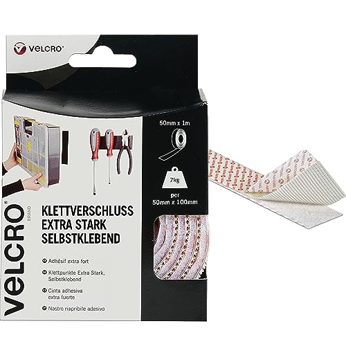 VELCRO Marke | Klettband Selbstklebend | Zuschneidbares industrielles extra starkes doppelseitiges selbstklebendes Klettband mit Klettverschluss | Weiß | 50 mm x 1 m von VELCRO Brand