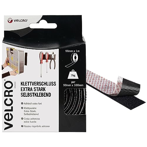 VELCRO Marke | Klettband Selbstklebend | Zuschneidbares industrielles extra starkes doppelseitiges selbstklebendes Klettband mit Klettverschluss | Schwarz | 50 mm x 1 m von VELCRO Brand