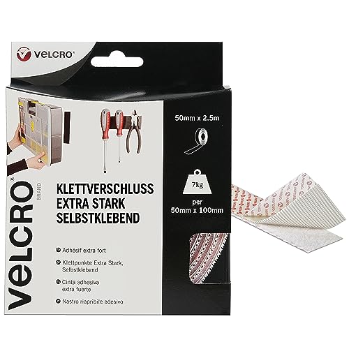 VELCRO Marke | Klettband Selbstklebend | Zuschneidbares industrielles extra starkes doppelseitiges selbstklebendes Klettband mit Klettverschluss | Weiß | 50 mm x 2,5 m von VELCRO Brand