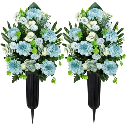 Velibobo Künstliche Blumen mit Vase, 2 Stück Grabblumensträuße, künstliche Chrysanthemenblumen für Grab Friedhof Hochzeit Hof Hausdekoration (Blau) von Velibobo