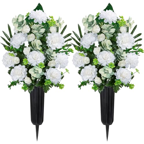 Velibobo Künstliche Blumen mit Vase, 2 Stück Grabblumensträuße, künstliche Chrysanthemenblumen für Grab Friedhof Hochzeit Hof Hausdekoration (Weiß) von Velibobo