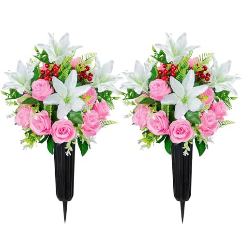 Velibobo 2 Stück künstlichen Grabblumen, Memorial Friedhof Blumen, Beerdigung Rose Sträuße mit Vasen für Grab Dekoration im Freien von Velibobo