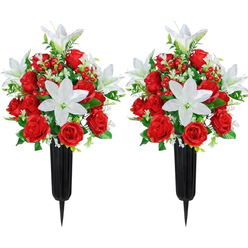 Velibobo 2 Stück künstlichen Grabblumen, Memorial Friedhof Blumen, Beerdigung Rose Sträuße mit Vasen für Grab Dekoration im Freien von Velibobo