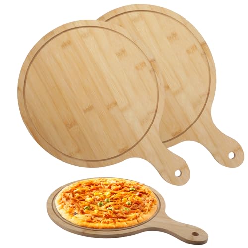Velicber 2 Stück Pizzateller 30cm Pizzabrett Rund Schneidebrett mit Griff, Bambus Pizza Brett, Servierteller, Servierbrett für Pizza, Flammkuchen, Brot & Käse, 42 x 30 x 1.5cm von Velicber