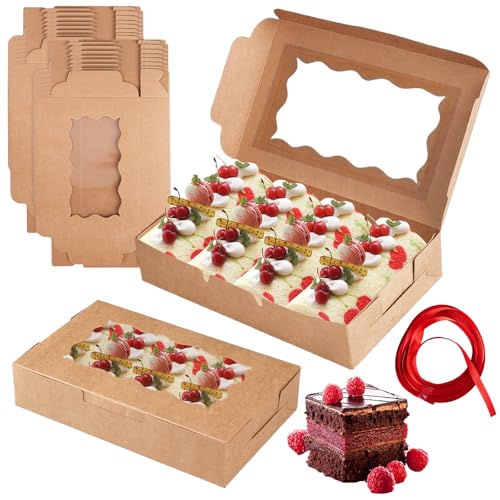 Velicber 20 Stück Cupcake Box, Braune Muffin Transportbox Pappe mit Sichtfenster, Cupcake Transportbox, Gebäckkarton mit Rote Schleife, für Kekse Kuchen Geschenke Dessert, 17.8 x 11 x 3.8 cm von Velicber