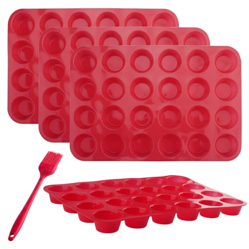 Velicber Mini Muffinform Silikon für 24er, 4 Stück Mini Muffins Backform mit Silikonpinsel, BPA-Freie und Antihaftbeschichtet, Muffin Backform für Cupcakes, Brownies & Desserts, Rot von Velicber