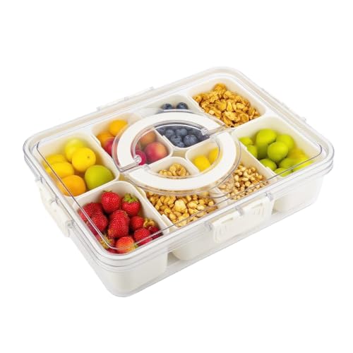 Velicber Snackbox mit 8 Fächern Snackteller mit Deckel und Griff Snackschale Snackboxen Tragbar Snackdose Organizer für Süßigkeiten, Nüsse, Obst, Kekse und Desserts, Ideal für Picknick, Party - Weiß von Velicber